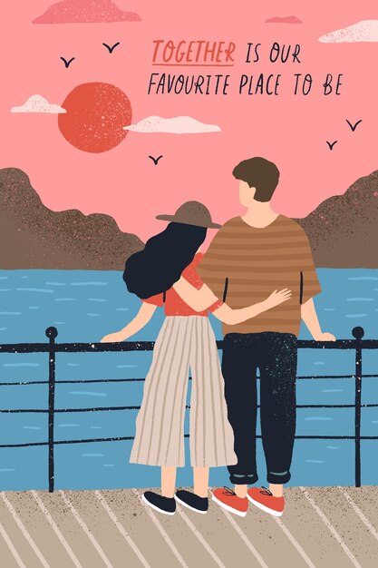 Modele De Carte Postale Avec Adorable Couple Amoureux Debout Sur Le Remblai Et Regarder Le Coucher Du Soleil Et Citation Romantique Jeune Homme Et Femme A La Date Illustration Vectorielle De Dessin