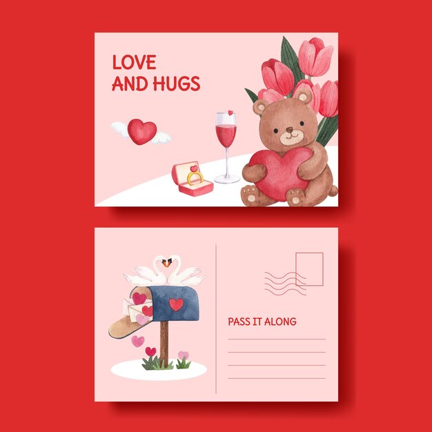 Modèle de carte postale avec grand concept de saint valentin câlin d'amour, style aquarelle