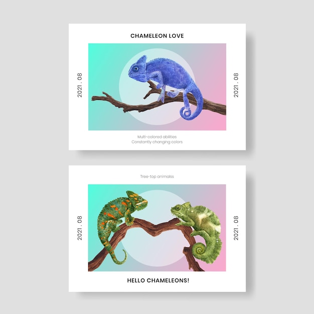 Vecteur gratuit modèle de carte postale avec lézard caméléon dans un style aquarelle