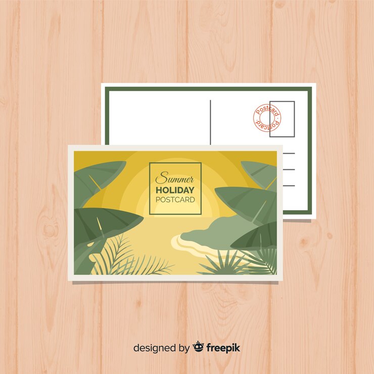 Vecteur gratuit modèle de carte postale de vacances d&#39;été plat