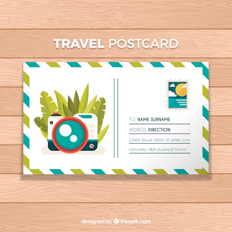 Vecteur gratuit modèle de carte postale de voyage avec un design plat