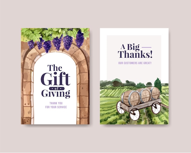 Vecteur gratuit modèle de carte de remerciement avec conception de concept de ferme viticole pour illustration aquarelle de voeux et anniversaire.