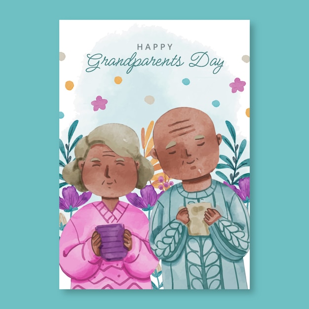 Vecteur gratuit modèle de carte de voeux aquarelle fête des grands-parents avec un couple de personnes âgées prenant un verre