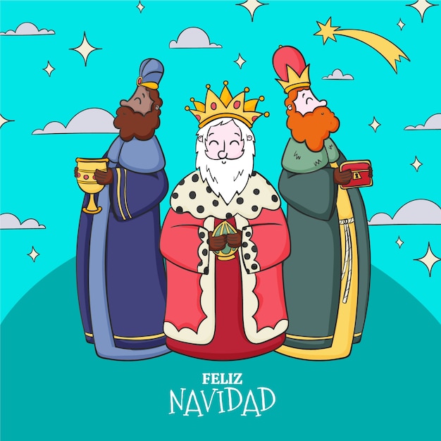 Vecteur gratuit modèle de carte de voeux feliz navidad reyes magos dessiné à la main