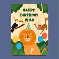 Vecteur gratuit modèle de carte de voeux de fête d'anniversaire pour enfants dans la jungle plate