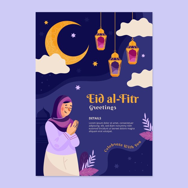 Modèle de carte de voeux plat eid al-fitr