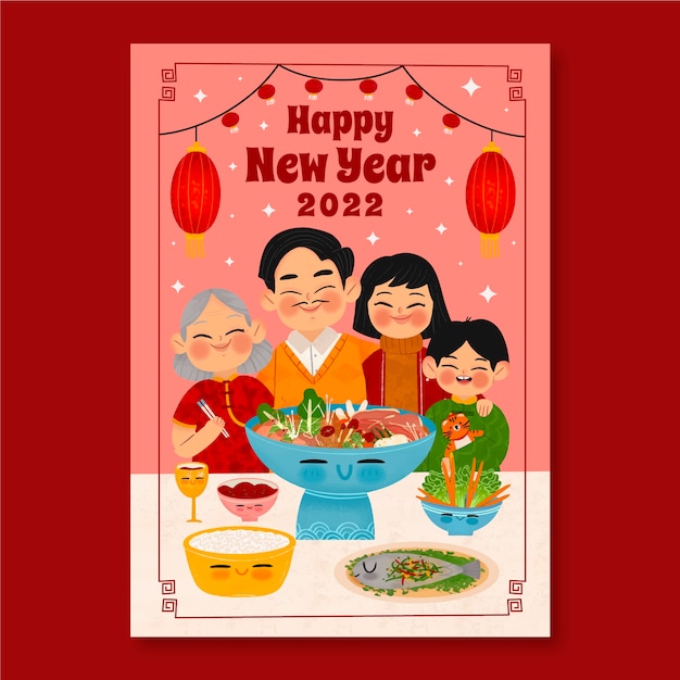 Vecteur gratuit modèle de carte de voeux pour le dîner de réunion du nouvel an chinois dessiné à la main