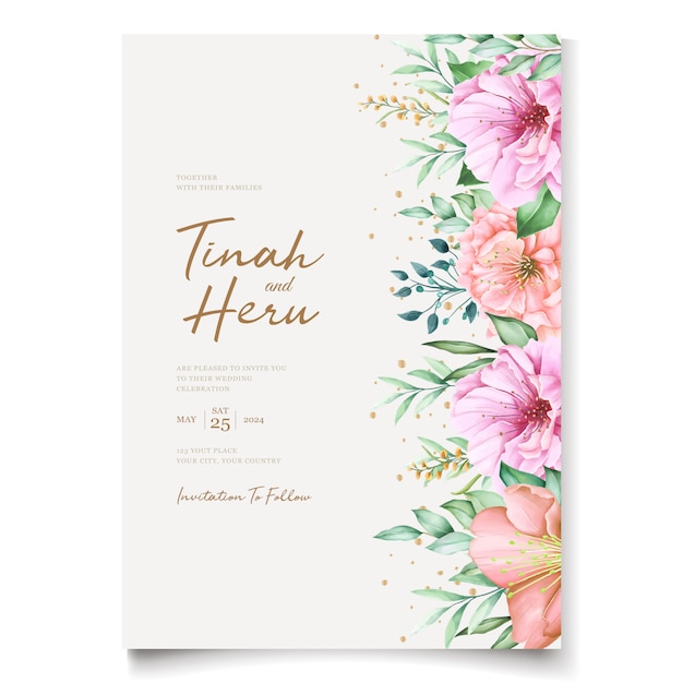 Modèle De Cartes D'invitation De Mariage élégant Avec Un Design Aquarelle De Fleurs De Cerisier