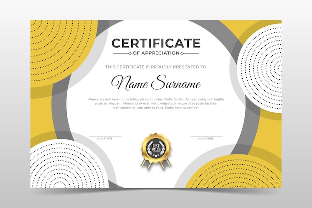 Modèle de certificat d'employé du mois avec une forme circulaire à rayures jaunes et grises