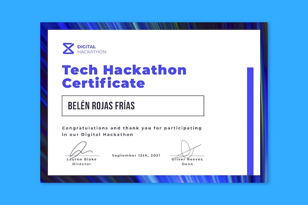 Vecteur gratuit modèle de certificat de gagnant de hackathon technologique minimaliste moderne