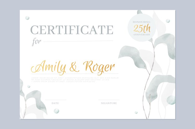 Modèle de certificat de mariage aquarelle