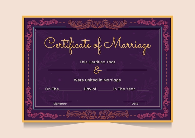 Vecteur gratuit modèle de certificat de mariage dessiné à la main