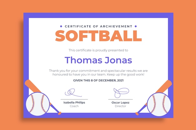 Vecteur gratuit modèle de certificat de réussite de softball dessiné à la main