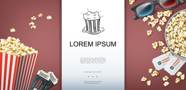 Modèle de cinéma coloré avec place pour les billets de cinéma texte boîte de lunettes 3d et seau de pop-corn dans un style réaliste