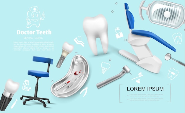 Modèle coloré de dentisterie réaliste avec chaises médicales implants dentaires machine à dents miroir lampe plateau en métal de crochet de seringue dents tirées boules de coton