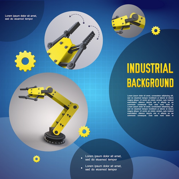 Vecteur gratuit modèle coloré industriel réaliste avec bras robotiques automatisés mécaniques et manipulateurs