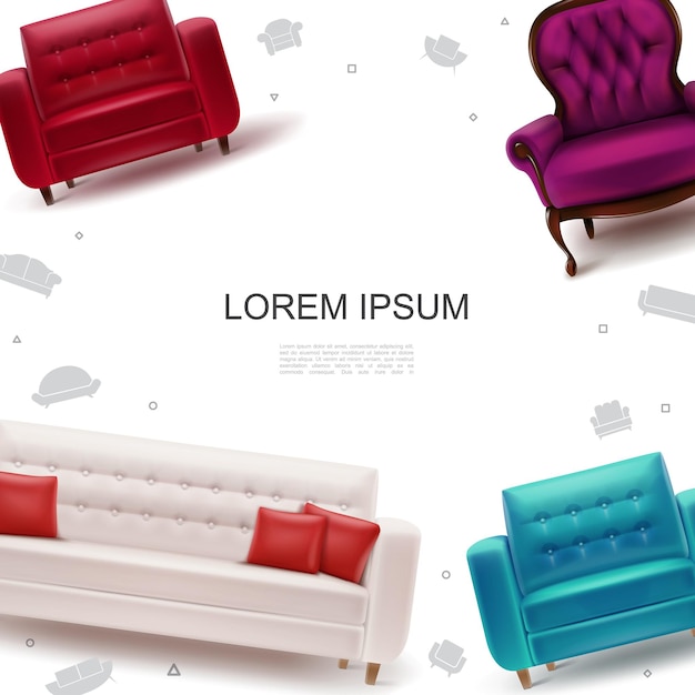 Modèle coloré d'objets de meubles avec des fauteuils moelleux et un canapé en cuir avec des oreillers dans un style réaliste