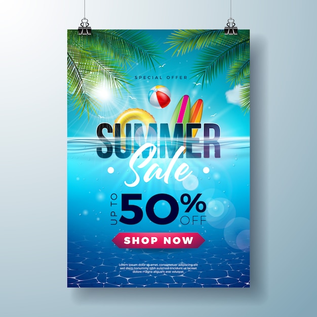 Modèle De Conception D'affiche De Vente De L'été Avec Des éléments De Vacances à La Plage Et Des Feuilles Exotiques