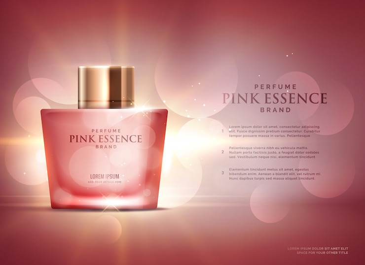 Vecteur gratuit modèle de conception de concept de publicité d&#39;essence parfum génial avec un beau fond de bokeh