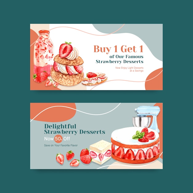 Vecteur gratuit modèle avec conception de cuisson aux fraises médias sociaux, communauté en ligne et illustration aquarelle internet