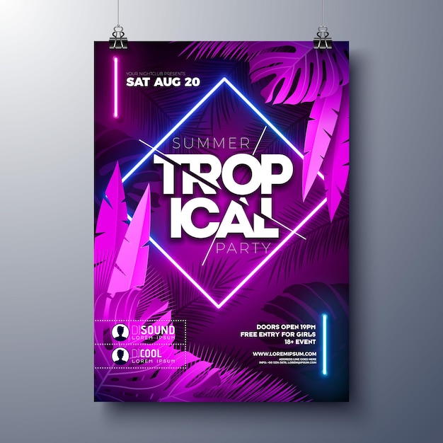 Vecteur gratuit modèle de conception de flyer de fête d'été avec néon lumineux sur fond de feuilles tropicales fluorescentes