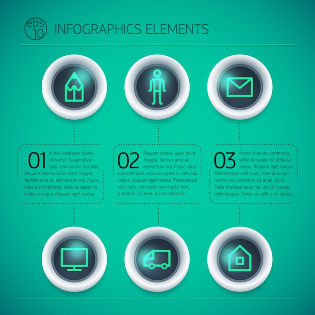 Vecteur gratuit modèle de conception infographique entreprise avec anneaux texte icônes néon trois options sur fond vert isolé