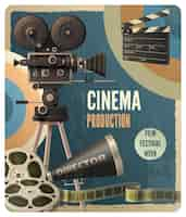 Vecteur gratuit modèle de conception vintage réaliste de l'affiche de la semaine du festival du film de production cinématographique avec illustration vectorielle de bobines de battant de caméscope