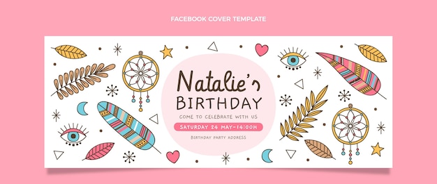Modèle de couverture facebook anniversaire boho dessiné à la main