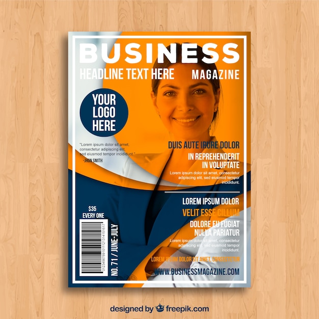 Vecteur gratuit modèle de couverture de magazine business avec modèle posant