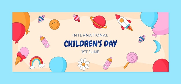 Modèle de couverture de médias sociaux dessiné à la main pour la célébration de la journée internationale des enfants