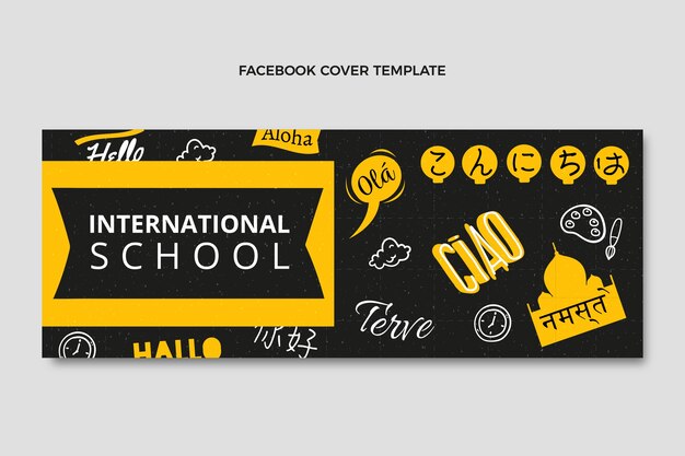 Vecteur gratuit modèle de couverture de médias sociaux d'école internationale de texture dessinée à la main