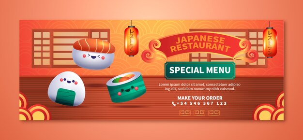 Modèle de couverture de médias sociaux de restaurant japonais dégradé