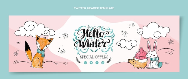 Vecteur gratuit modèle de couverture twitter hiver dessiné à la main