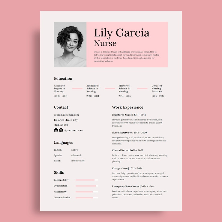 Vecteur gratuit modèle de curriculum vitae d'infirmière