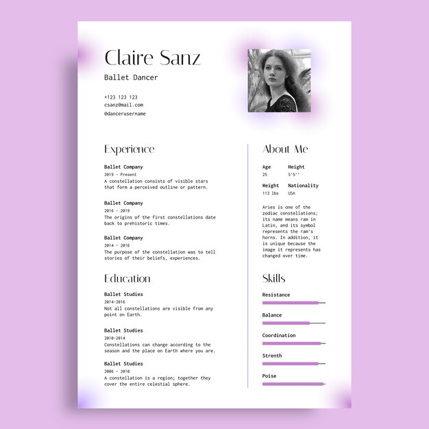 Modèle de CV de danseur de ballet esthétique élégant