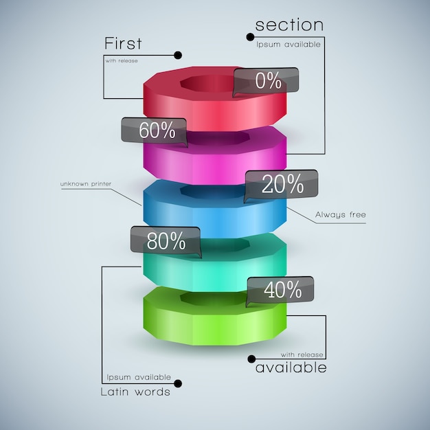 Vecteur gratuit modèle de diagramme d'entreprise 3d réaliste avec champs de texte et pourcentage de couleur