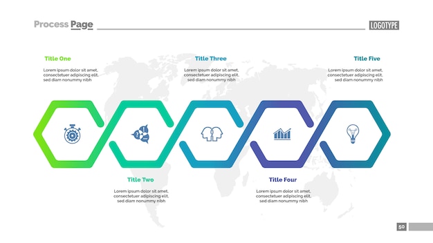 Modèle de diagramme de processus de workflow en cinq étapes. Visualisation des données d&#39;entreprise.