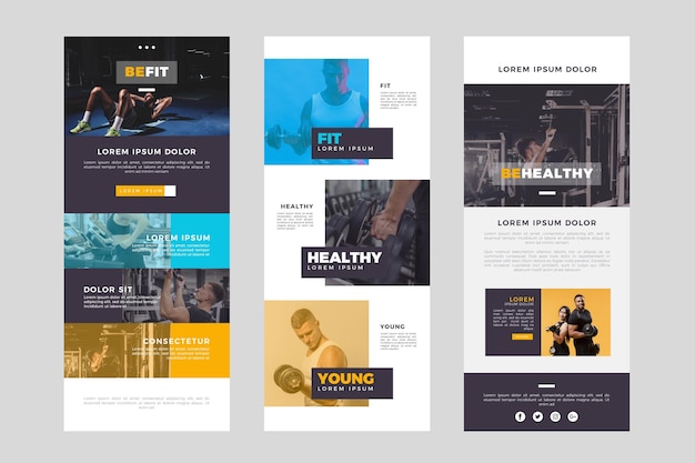 Vecteur gratuit modèle d'e-mail de fitness long avec photos