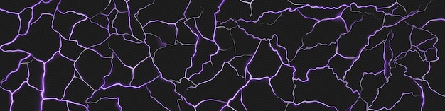 Vecteur gratuit modèle d'éclair réaliste sur fond transparent illustration vectoriel de fissures violet néon décharge électrique sur ciel sombre orage flash effet de lumière destructeur grève de puissance magique