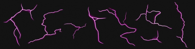 Vecteur gratuit modèle d'éclair réaliste sur fond transparent noir illustration vectorielle de néon violet fissures décharge électrique sur ciel sombre orage flash effet de lumière frappe de puissance destructrice