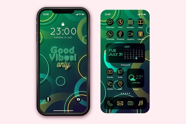 Vecteur gratuit modèle d'écran d'accueil au néon pour smartphone