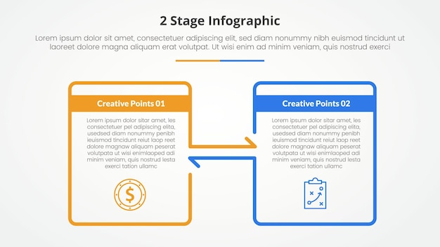 Vecteur gratuit modèle d'étape à 2 points pour la comparaison opposé concept infographique pour la présentation de diapositives avec le contour de la grande boîte et la direction de la flèche avec le style plat