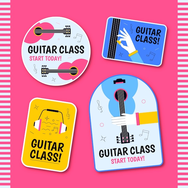 Vecteur gratuit modèle d'étiquettes de cours de guitare dessinés à la main