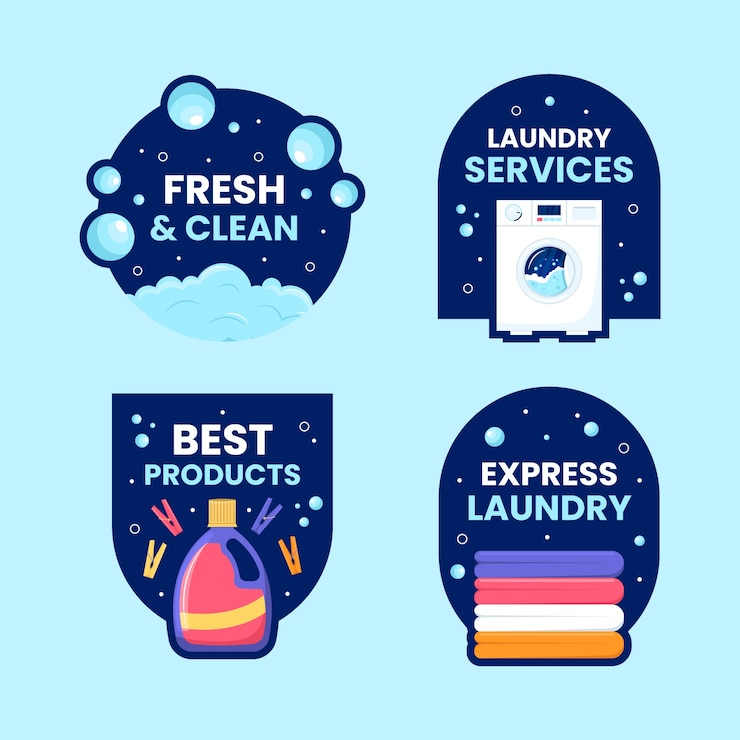 Vecteur gratuit modèle d'étiquettes de services de blanchisserie de conception plate