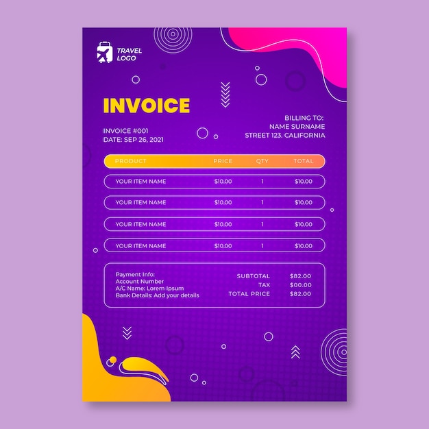 Vecteur gratuit modèle de facture d'agence de voyage à texture dégradée