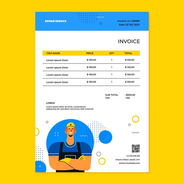 Vecteur gratuit modèle de facture d'atelier de réparation plat
