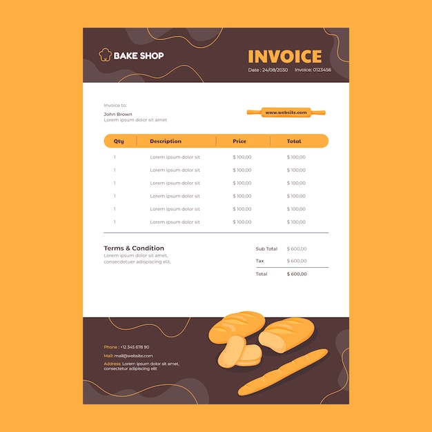 Vecteur gratuit modèle de facture de boulangerie minimale