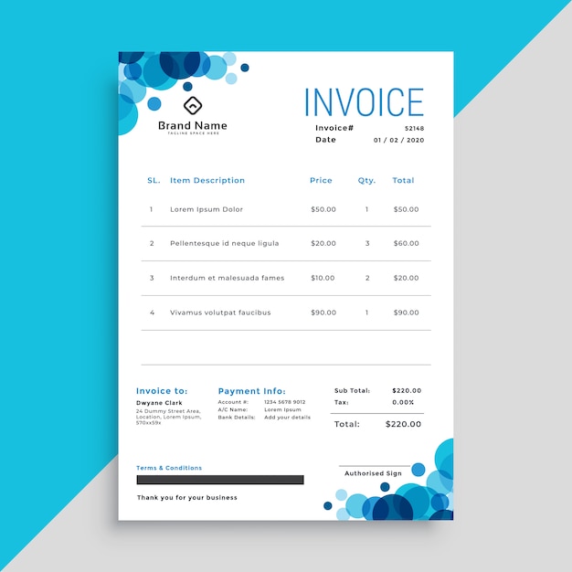 Vecteur gratuit modèle de facture business élégant cercles bleus