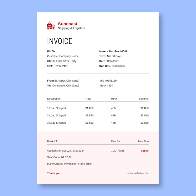 Vecteur gratuit modèle de facture de camionnage minimaliste pour l'expédition et la logistique de suncoast