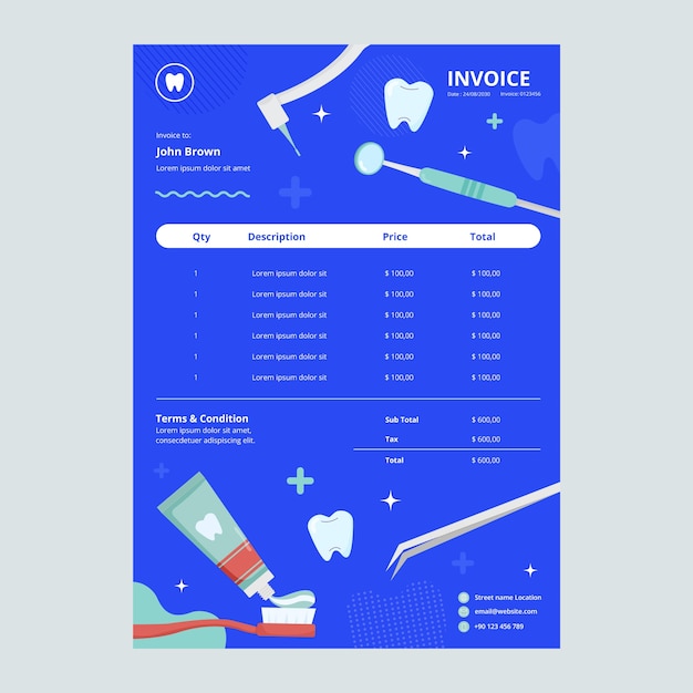 Vecteur gratuit modèle de facture de clinique dentaire plate